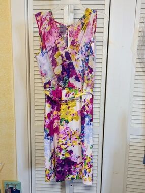 CB Established 1962 Floral Faux-Wrap Midi Dress with Belt - Size 12(Dress Barn)